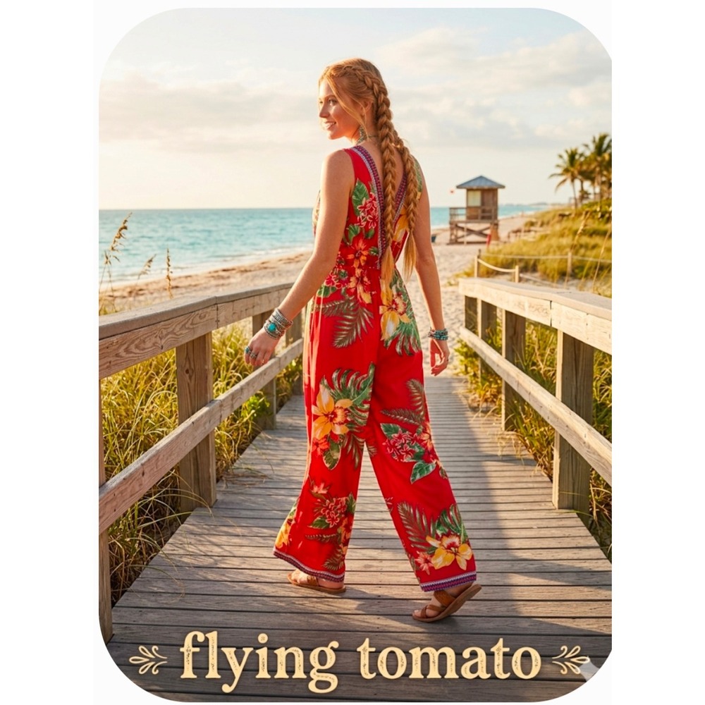 Flying Tomato Red Tropical Floral Wide Leg Jumpsuit XS V-Neck Open Back Boho